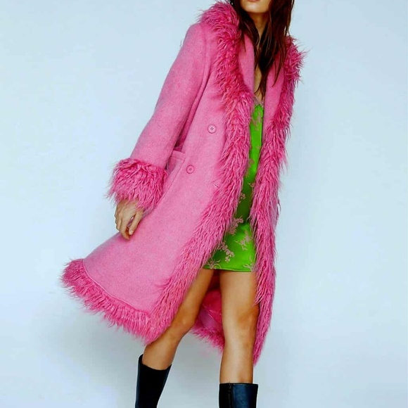 Pink Penny Lane Coat from Nasty Gal! Faux Shearling Fur Trim Wool. NWT 0 Petite - Picture 3 of 12